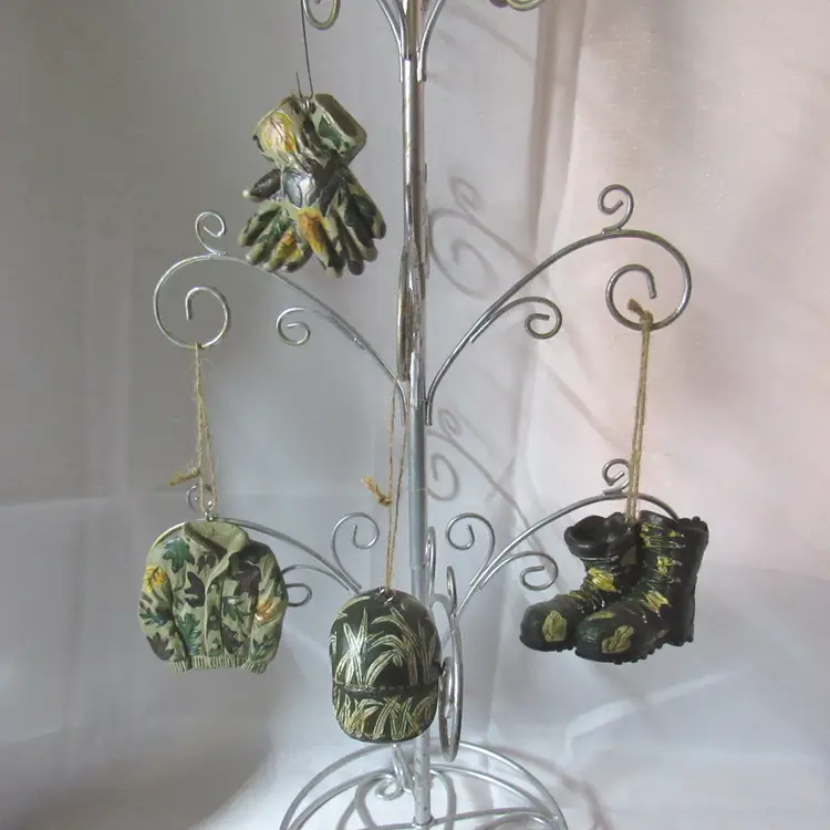 Set of 4 Resin Camo Hunting Gear Christmas Ornaments -Boots/Gloves/Jacket/Hat