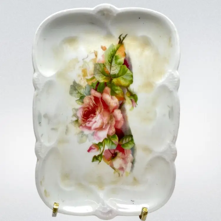Pink Roses & Leaves Porcelain Trinket Tray. Made in Germany. Great For Jewelry.