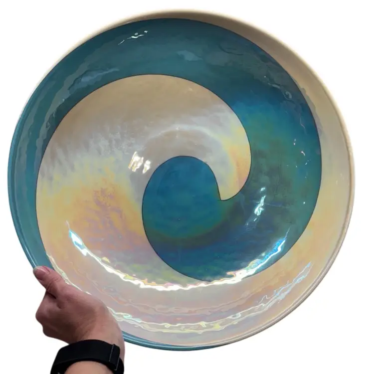 Rare VTG Italian Murano Art Glass Centerpiece Swirl Ivory Scuba Blue Iridescent