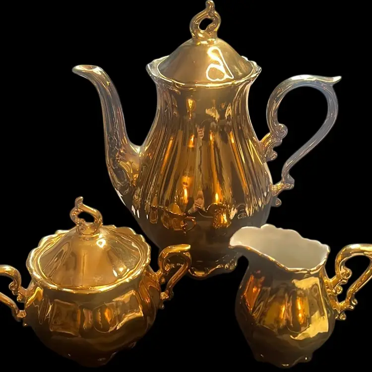 Bavarian Golden Porcelain Coffee Tea Pot With Cream and Sugar Bowl. 5 Pc. Pot Is 8” Tall, Creamer and Sugar Bowl Are 3 1/2-4” Tall
