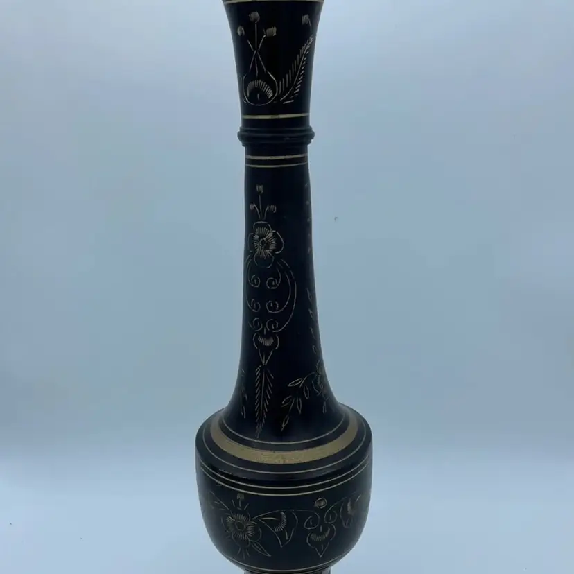 Vintage Black And Silver Etched Metal Trumpet Vase Floral - Brass India Design