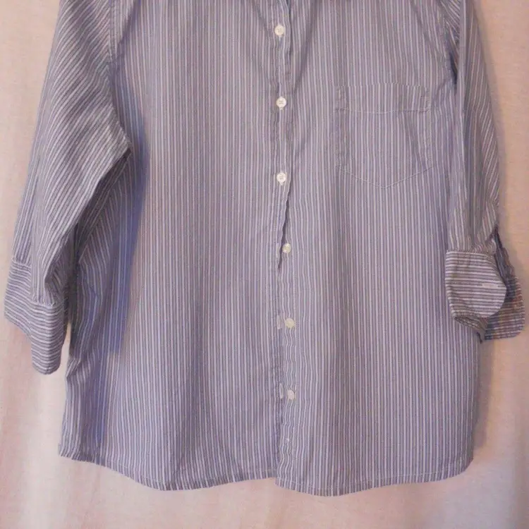 Blue / White Striped Size L button front top blouse Arizona Jean Company 3/4 sleeves