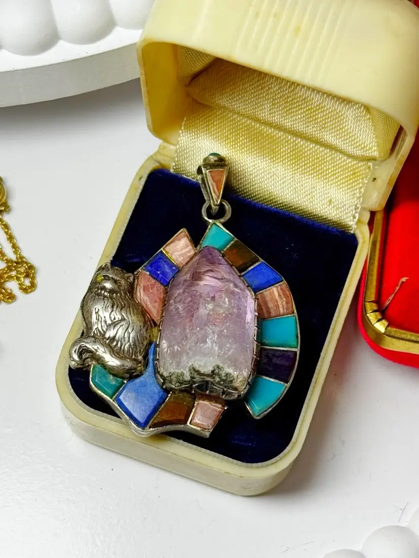 Amazing Sterling Silver Stone Inlay Amethyst Cat Pendant 22gtw