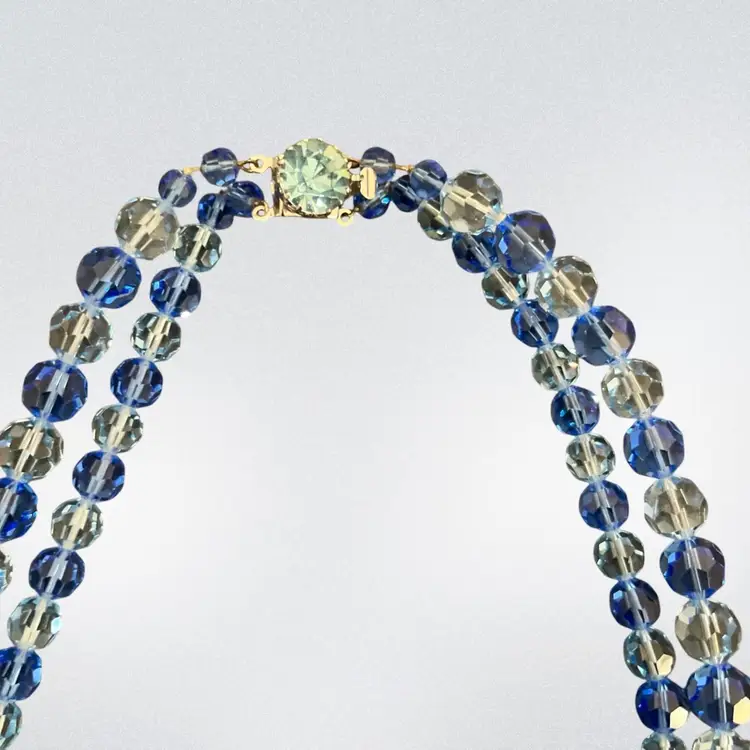 Vintage Made In Austria Blue Crystal 2 Strand Necklace Graduating Size Beads 17”