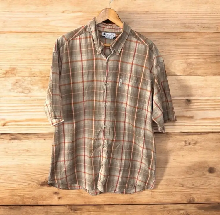 032 Columbia Brown and Orange Plaid Casual Button Down Shirt mens XL gorpcore
