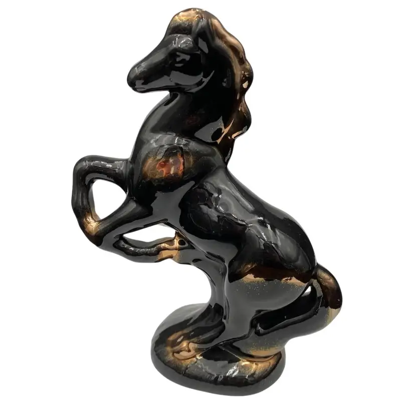 Mid-Century Modern Black & Gold Horse Figurine, California USA Pottery, 9.5 inches