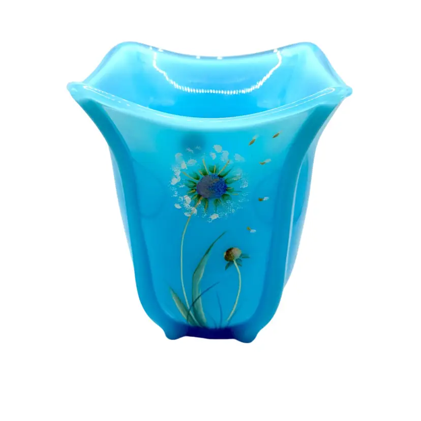Fenton "Dandelion Breeze" Hand-Painted Sky Blue Glass Flip Vase, signed