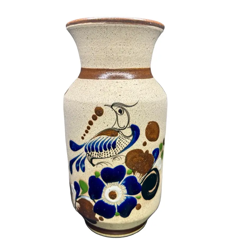 Tonala Mexican Vase With Bird 8” Signed Made in Mexico