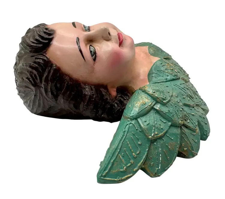 Antique Hand Carved Wood Putti Angel Cherub Head Polychrome Turquoise Wings 5.5”