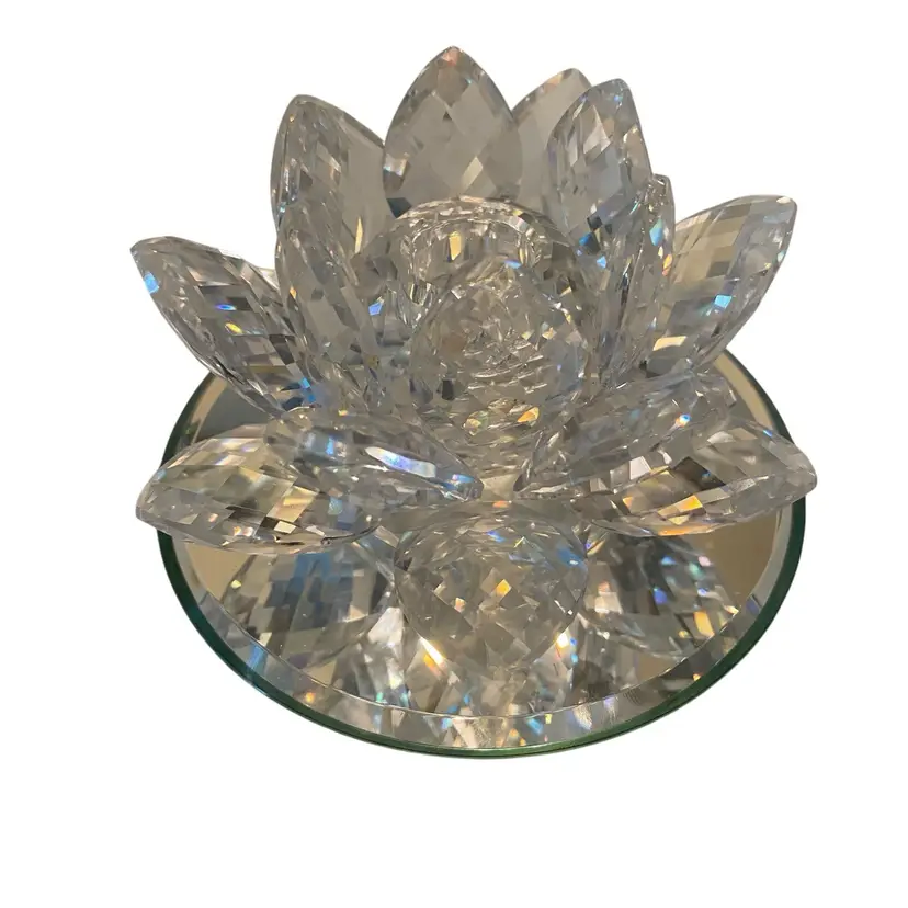 Crystal Water Lilly Lotus Flower Candlestick W/mirror Base