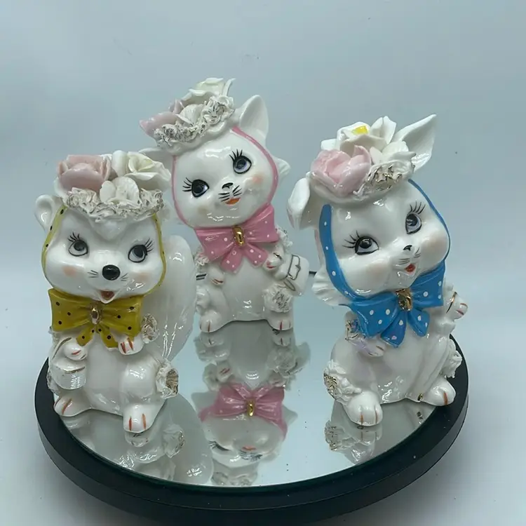 #1610 Three Japan Figurines Pink Cat Yellow Squirrel Blue Bunny Bonnets With Applied Flowers Ceramic Kitschy