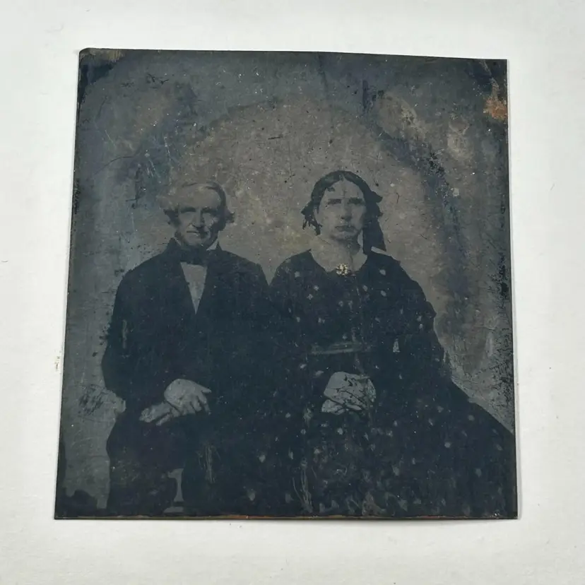 Tintype Man with Masculine Woman Sitting Polka Dot Dress Bowtie Antique Fashion