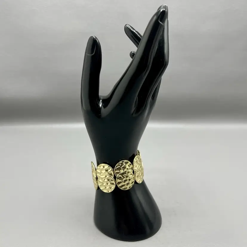 Gold Tone Hammered Disc Bracelet Magnetic Clasp Wide Statement Stretch 5.5"