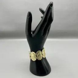 Gold Tone Hammered Disc Bracelet Magnetic Clasp Wide Statement Stretch 5.5"