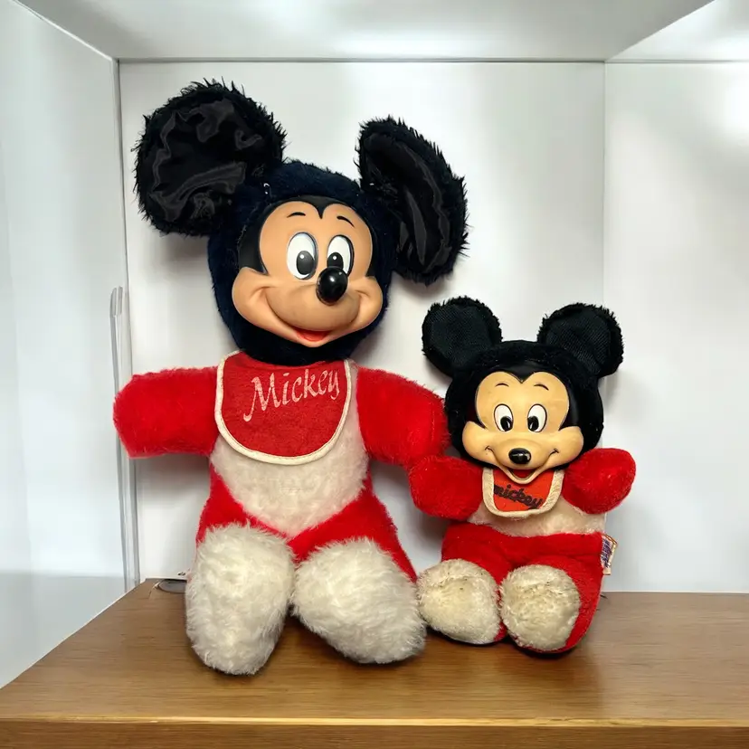 2 VTG Walt Disney Mickey Mouse Rubber Face With Original Bib 10" & 15" The ear of the larger Mickey is starting to separate from his head.