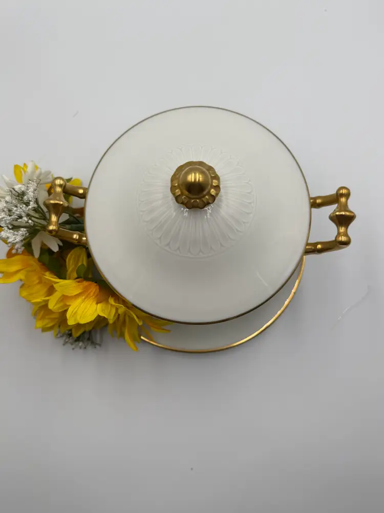 Antique Limoges Tureen center piece porcelain white with gold trim handels. French elegance