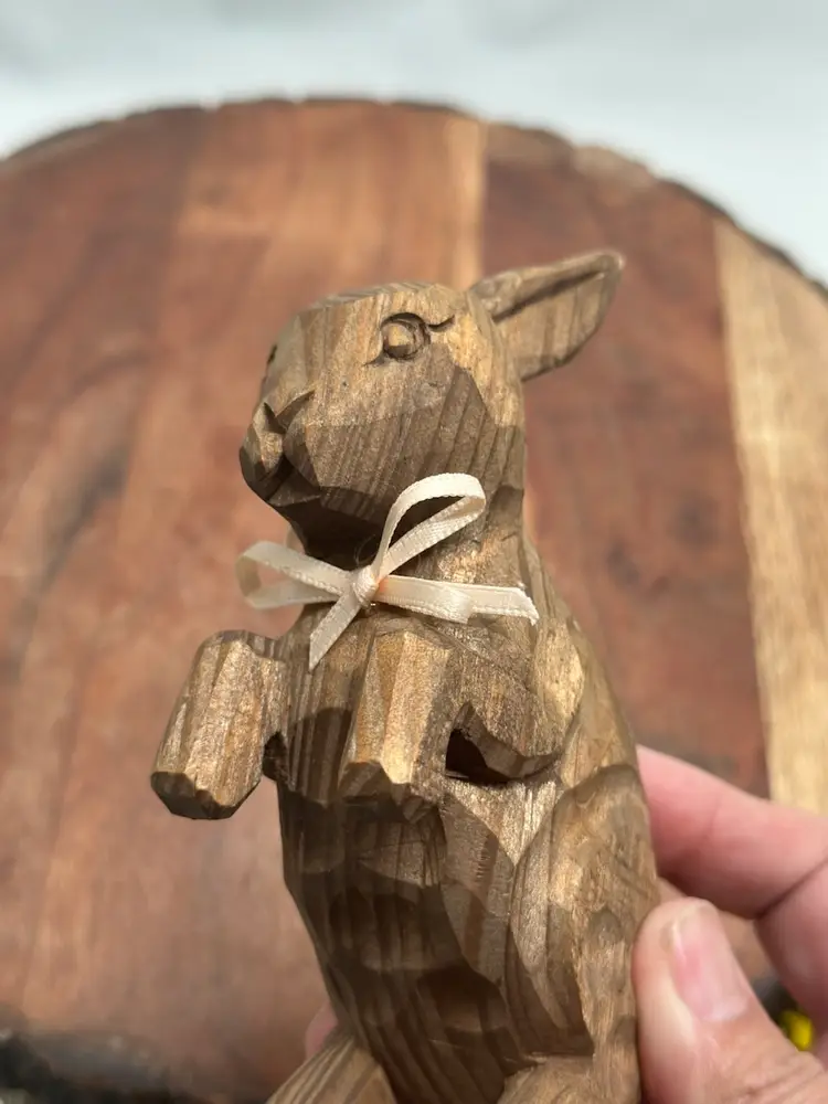 Vintage Handmade Carved Wood Bunny Rabbit Statue Home Lucky