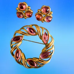 Vintage Trifari Wreath Shape Brooch With Matching Pierced Earrings