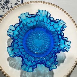 38. Fenton Colonial Blue Thumbprint ruffled glass bow 8”