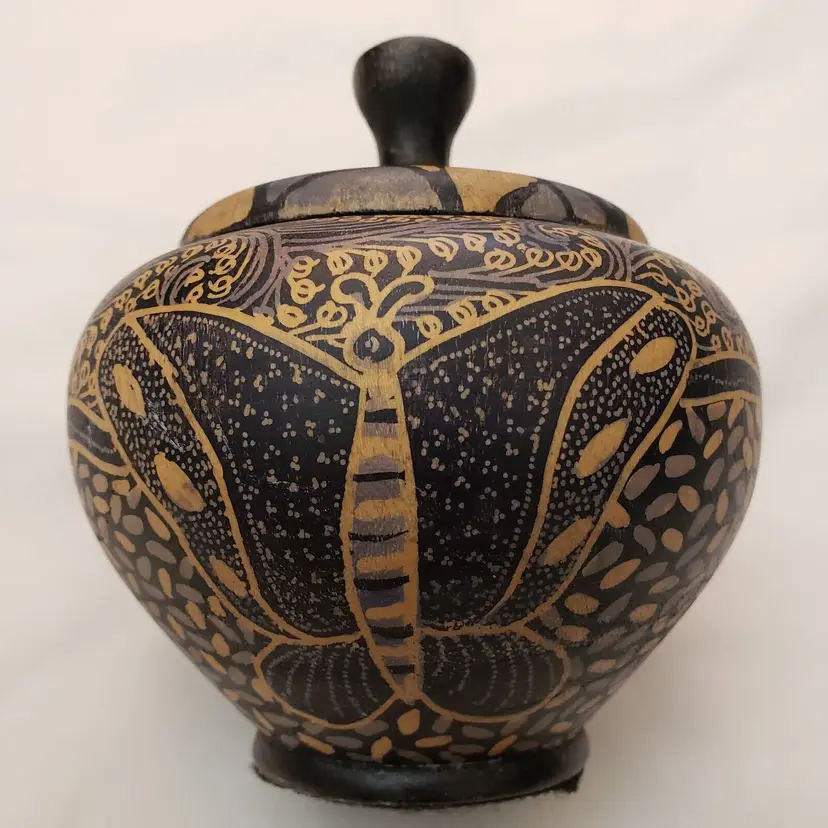 Folk Art Hand Painted Wood Trinket Box with Lid Butterfly Approximately 4 3/4" Vintage