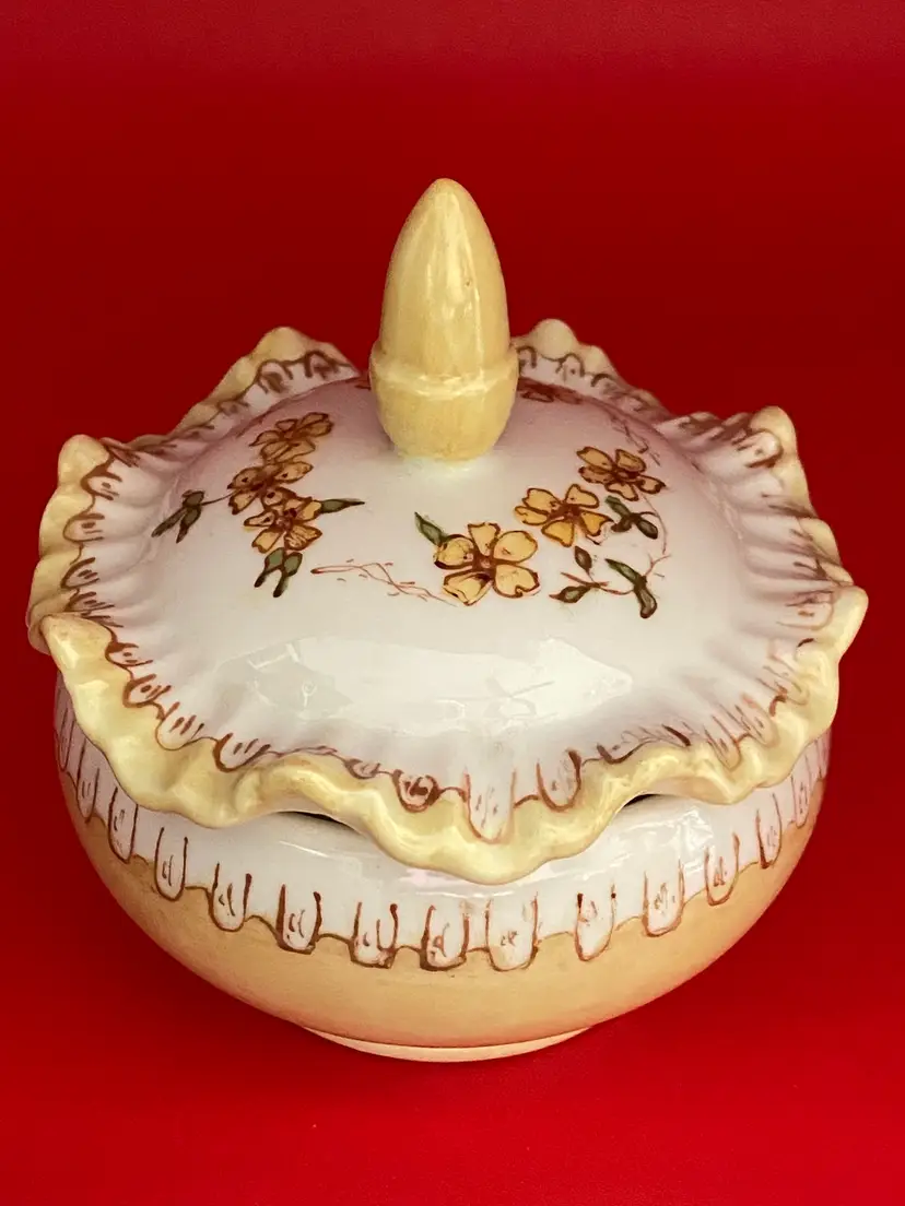 Porcelain Trinket Box w/ Ruffled Rim Lid, Floral Design, Artist Signed by Anette