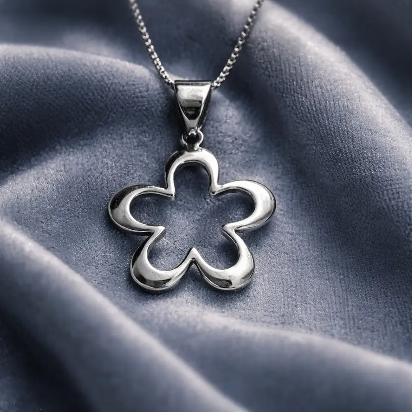 Sterling Silver Flower 1.5" Pendant & 16" Chain, Outline Design Styled Like a Daisy