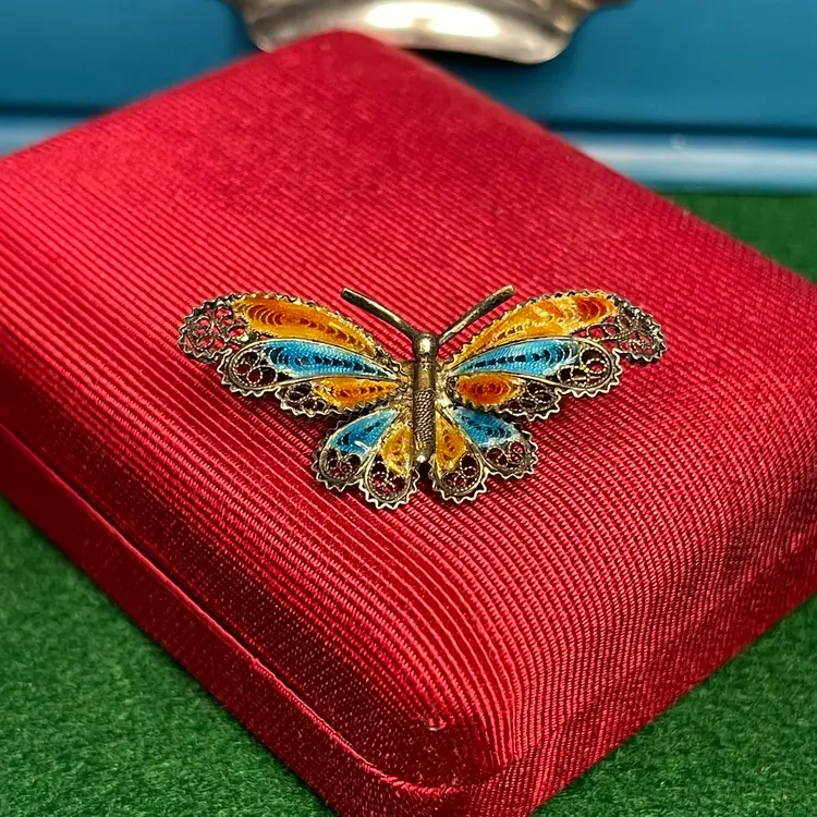 Enameled 800 Silver Filigree Butterfly Brooch Pin Orange Amber & Blue