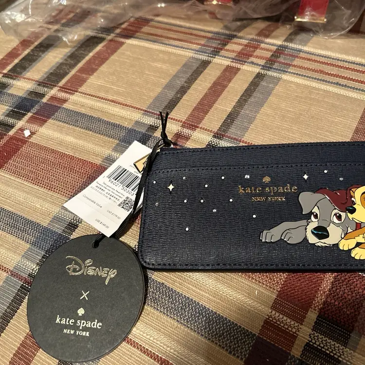 Kate Spade Disney Lady And The tramp Dogs Large Slim Card Holder Blue Wallet NWT