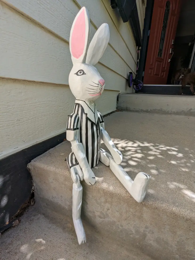 Vintage Hennow Hare Wood Carved Bunny Rabbit Shelf Sitter Articulated Arms