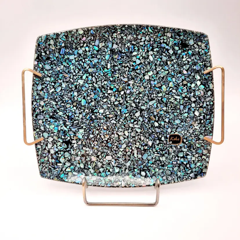 Vintage Koha Paua Shell New Zealand Handled Vanity Trinket Tray