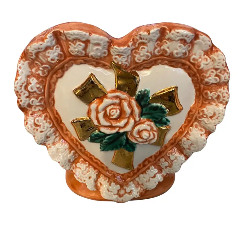 Ceramic Ruffle Rose Heart Planter With Gold Accents