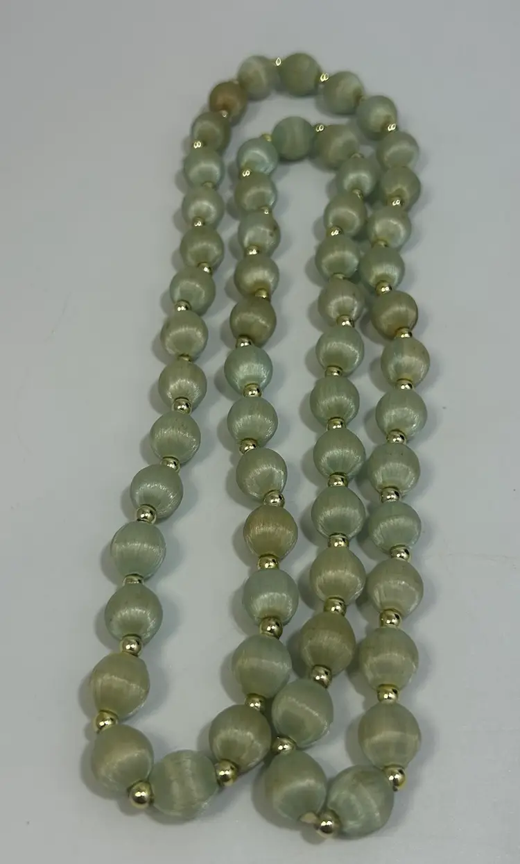 Vintage Light Green Silk Round Bead Necklace 30"
