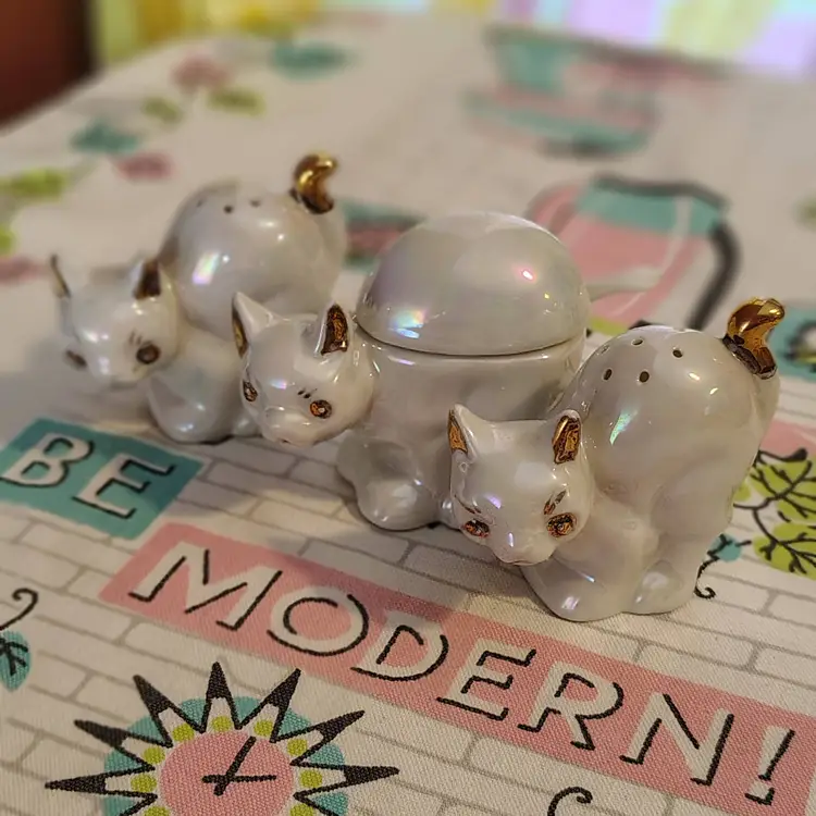 Vintage Lusterware Cat Condiment Set | Pearlescent White Kitty Salt and Pepper Shakers with Mustard Pot | 1930s Seisei & Co Made in Japan
