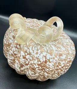 Perfect Blown Glass Pumpkin, Gold Flecks And White Mixed Throughout. Long Stem With Clear Glass And Gold Flakes. See Photos. 8" Across, About 5.5" Tall