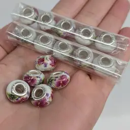 Set of 15 Ceramic Floral European Slider Bracelet Beads Charms Large Hole 925