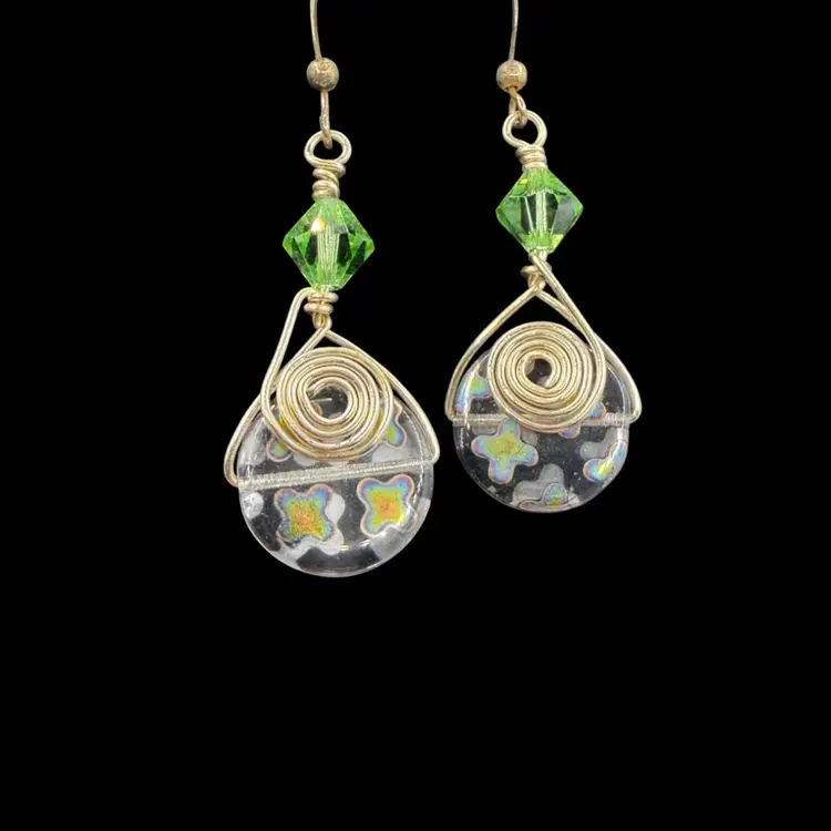 Artisan Dichroic Glass Drop Pierced Earring -  Green Cross Design