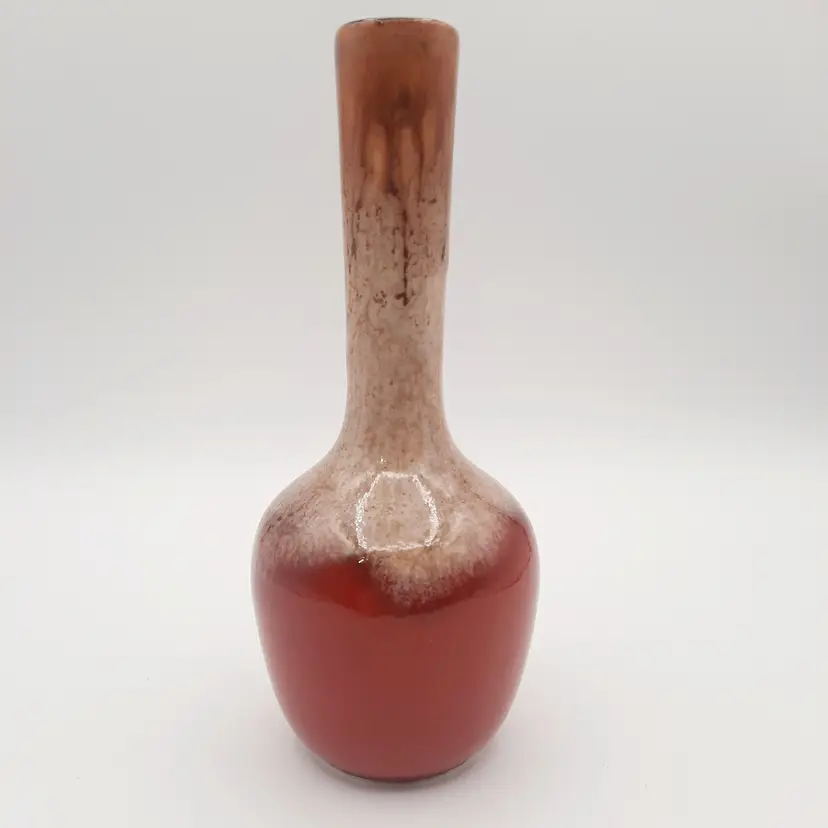 Vintage Royal Haeger RG-68 Bud Vase Dark Orange Red & Beige Brown Drip Glaze