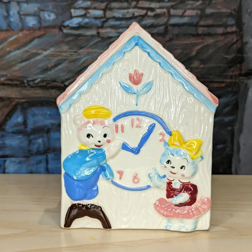 Relpo Bears at the Clock House Planter Anthropomorphic Japan 1960s Nursery Decor Kitch