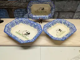Pig Chicken Molly Dallas Blue splatter 3 Serving Bowls Oblong Stoneware Platters Primative Country Farmhouse