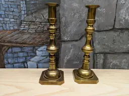 Vintage Pair of Brass Candle Stick Holders 10 3/4” Tall Square Base Candlestick Taper Turned Stem Patina