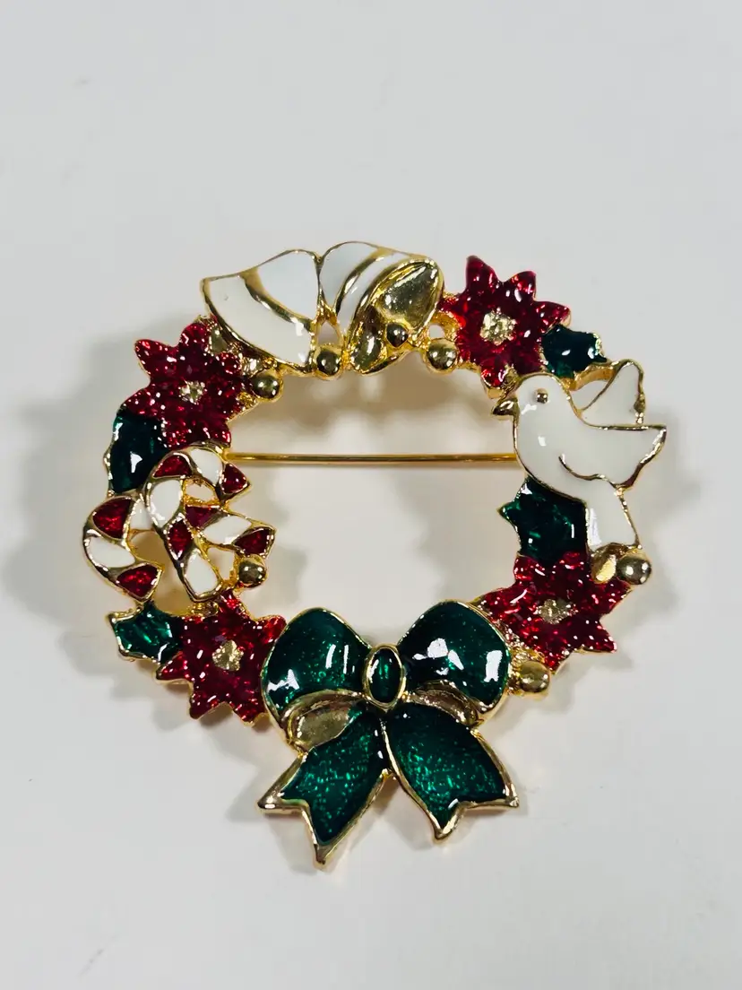 Enamel Wreath pin Christmas bells dove candy canes Poinsettia Holly Leaves