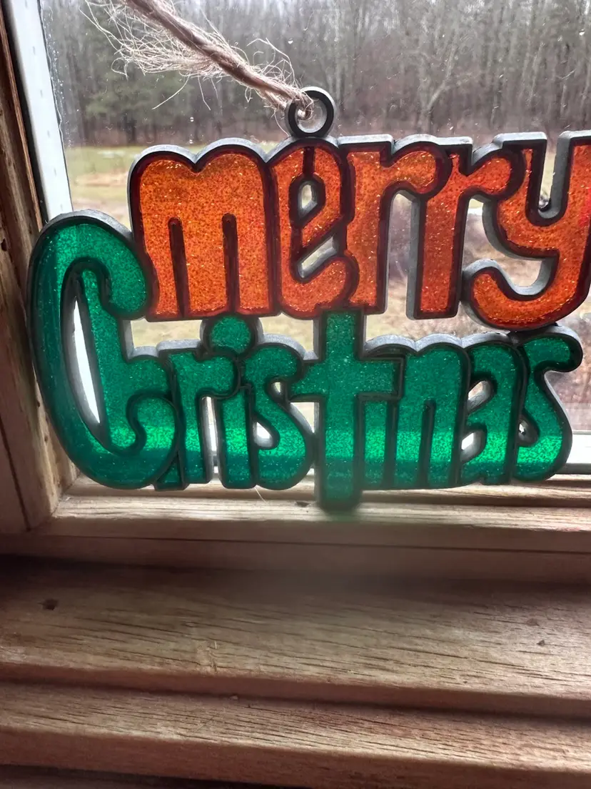 Vintage Suncatcher Stained Glass Metal Merry Christmas Glitter Ornament