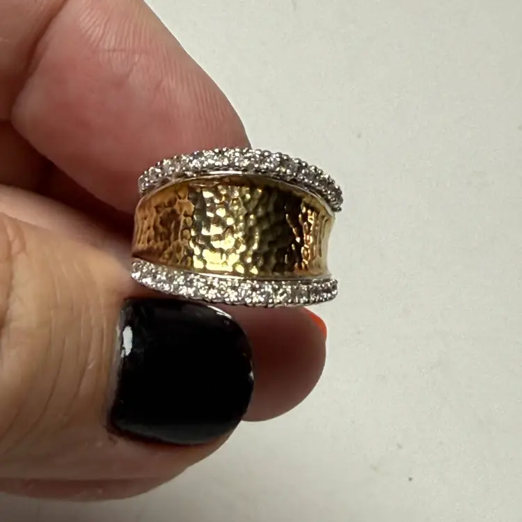 Joseph Esposito ESPO Sterling 925 Silver Gold Two Tone Hammered CZ Ring Size 6