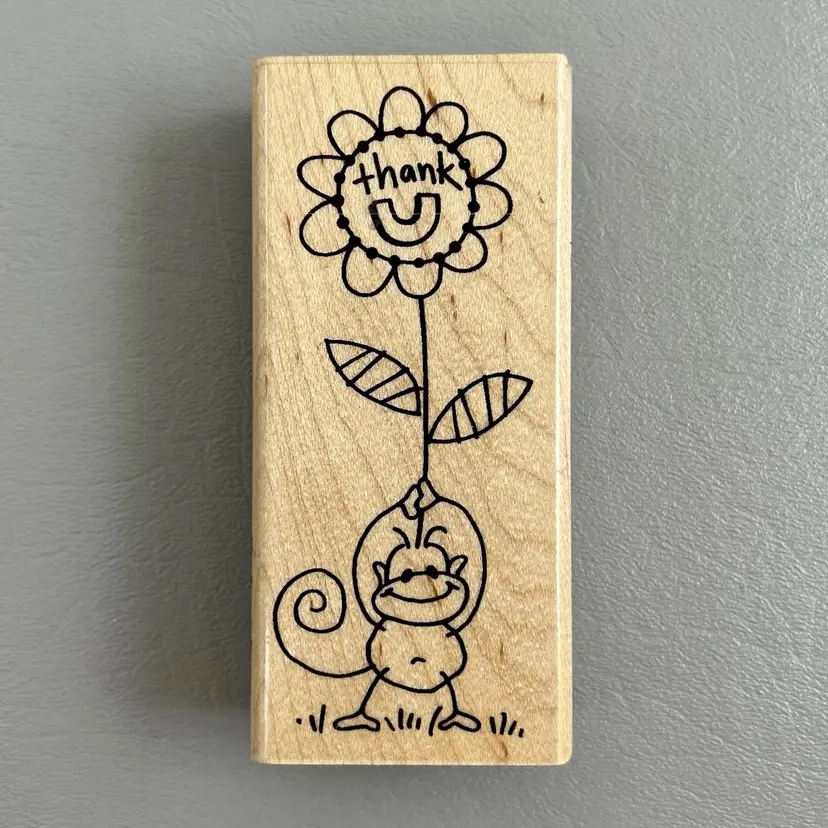 Stampendous 2”x4” Changito Thank You Wood Mounted Rubber Stamp 2008 Monkey Sunflower Flower