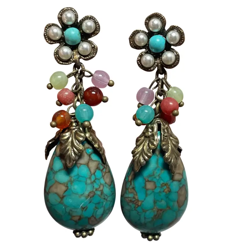 028 Turquoise And Silver Tone 2” Earrings