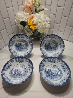 Set of 4 Coupe Cereal Bowls by Johnson Brothers, Coaching Scenes Blue collection