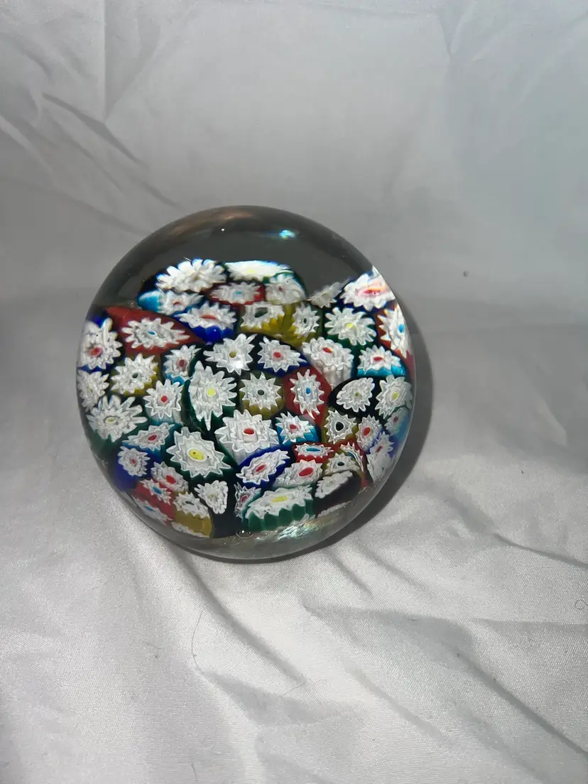 Large Murano Glass Italy Millefiori Paperweight Multicolored Gold Sparkle 