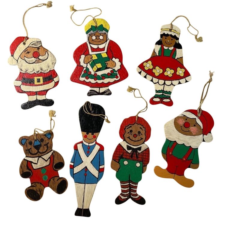 Vintage Set of 7 Wooden Painted Christmas Ornaments, Toys, Santa, Mrs. Claus, Elf