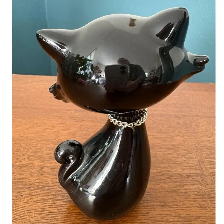 Vintage MCM Ceramic Black Cat Pink Pearl Necklace 5” Japan