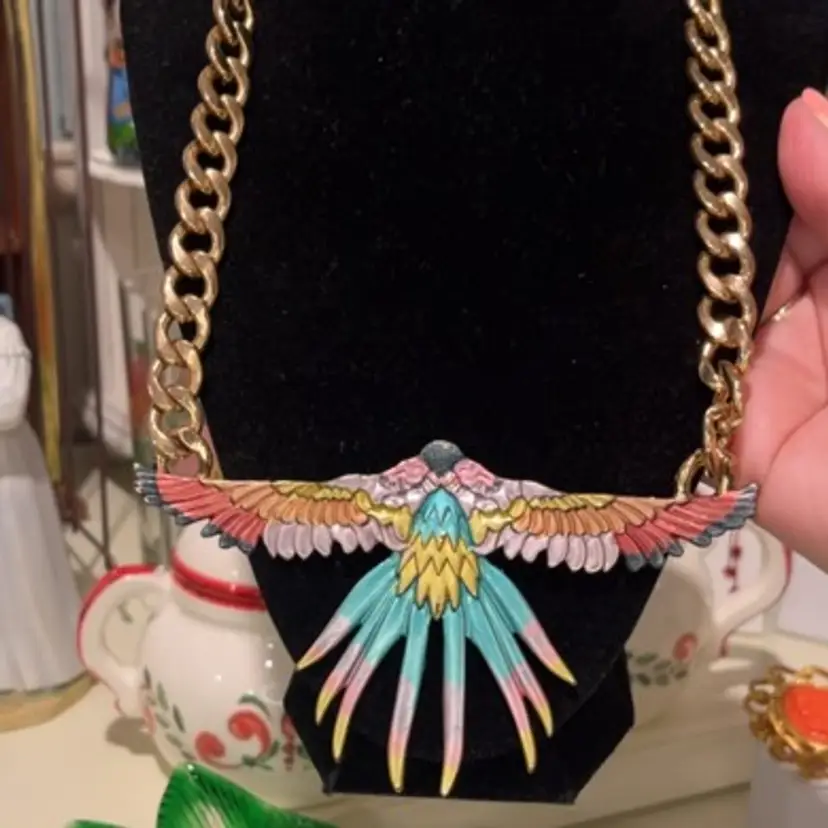 63. Hand Painted Parrot Necklace On Gold Tone Metal